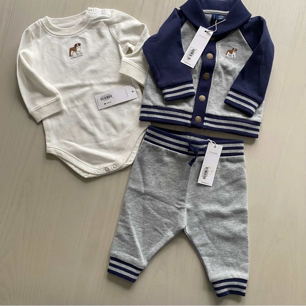 Janie and Jack The Bulldog Baby Cardigan, Bodysuit & Jogger